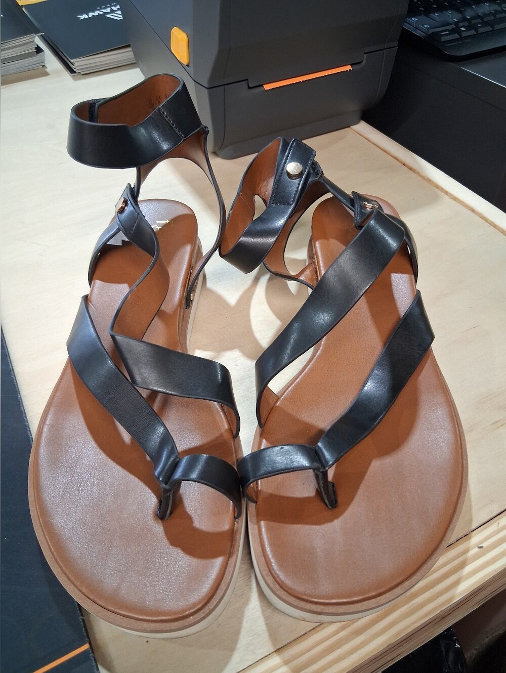 Franco Sarto Black Strappy Leather Sandals with Tan Footbed